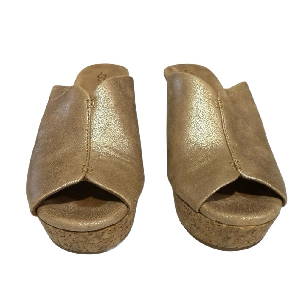 UGG Dominique Slides Sandals 9 Wedge Suede Cork Peep-Toe Platform Gold Size 6.5